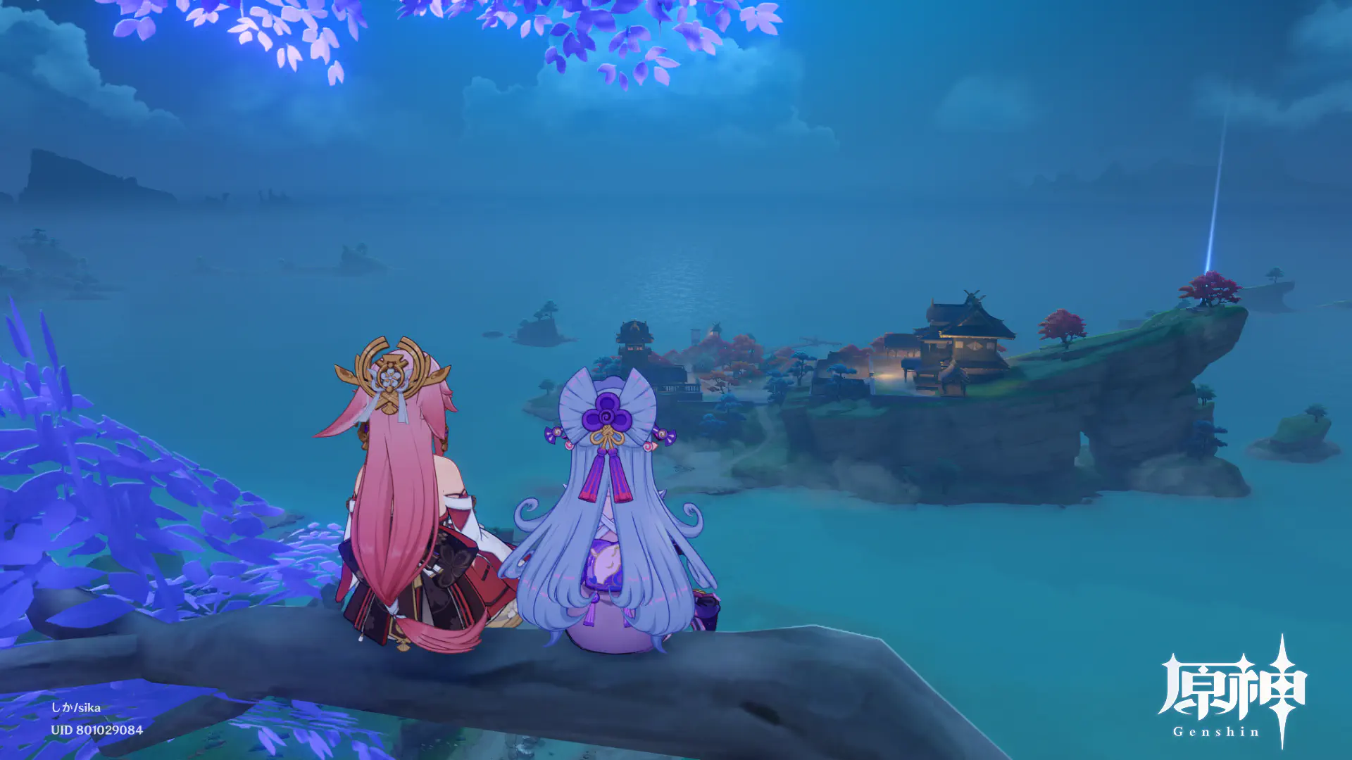 木の上に座る瑞希と八重神子